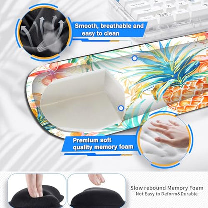 Large Gaming Mouse Pad+ Keyboard Wrist Rest Set, Ergonomics Memory Foam Mouse Mat Wrist Rest Support for Home Office, Waterproof Extended Mousepad 31.5x11.8in, Pineapple Leaf White Desk Pad - color: Yvb-mousepad-9-f-155