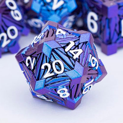 7PCS Metal DND Dice Set with Box, Debris RPG Blue White D and D Dice for D&D Tabletop Games Role Playing Game Polyhedral Dice Set D20 D12 D10 D8 D6 D4 - color: Blue White