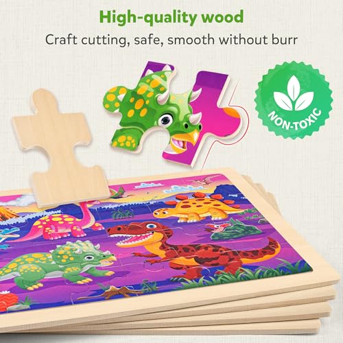 SYNARRY Large Dinosaur Wooden Puzzles for Kids Ages 4-6, 4-in-1 Gift Set | Dinosaur Puzzles for Toddlers & Kids Ages 3-5, Birthday Gifts for Boys & Girls, Educational Dinosaur Toys, Screen-Free Play - style: Dinosaur