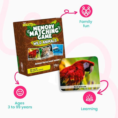 Menique Wild Animals Memory Matching Game – 80 Cards (40 Pairs) with Real Photos – Includes Educational Booklet with Animal Facts – Fun & Cognitive Game for Kids and Adults