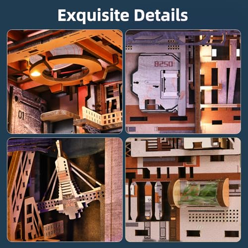 MiniCity Aerospace Foundry Book Nook Kit, DIY 3D Wooden Puzzle with LED | 341-piece wood/paper/plastic kit with LED and dust cover; glue/tools included; 8-10 hr project for shelf decor, ages 14+. - style: Aerospace Foundry
