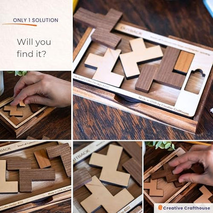 Creative Crafthouse Outback Puzzle, Stewart Coffin Wood Brain Teaser, Hard | A packing design numbered 222. Five cherry and maple pieces have just one known solution, a tough desk challenge, made in USA - style: Brain teaser