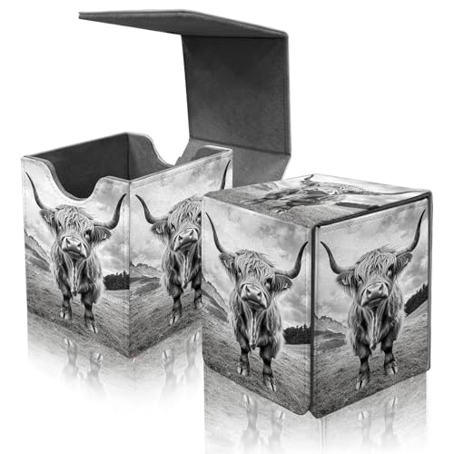 Card Deck Box for MTG Commander,Collectible Trading Storage Box Fits 120+ Single Sleeved Cards Magnetic Case PU Leather for Magic Commander TCG CCG MTG,Black Highland Cow - color: Black Highland Cow