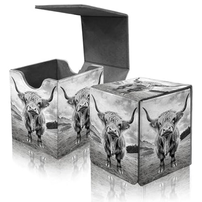 Card Deck Box for MTG Commander,Collectible Trading Storage Box Fits 120+ Single Sleeved Cards Magnetic Case PU Leather for Magic Commander TCG CCG MTG,Black Highland Cow - color: Black Highland Cow