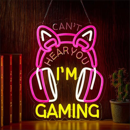 Pink Gaming Neon Sign for Wall Decor,Can't Hear You I'm Gaming Headset Gamer Dimmable LED Neon Signs Lights for Bedroom,Game Signs for Game Zone Video Room Girl or Boy Bedroom Art Birthday Party Gift