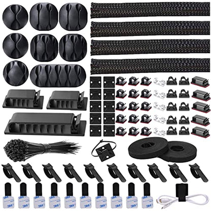 N NOROCME 192 PCS Cable Management Kit 4 Wire Organizer Sleeve | 11 Cable Holder,35Cord Clips 10+2 Roll Cable Organizer Straps,100 Fastening Cable Ties,for Computer TV Under Desk