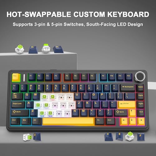 Aula F75 Wireless Mechanical Keyboard, 75% Hot Swappable Custom Gaming Keyboard with Knob,BT5.0/2.4GHz/USB-C,RGB Backlit,Pre-lubed Reaper Switches, Mechanical Gaming Keyboards (Black & Gold) - color: Black & Gold