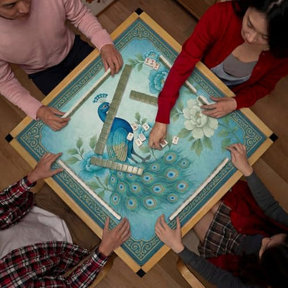 Foilswirl 1 Pcs Mahjong Table Mat Floral Peacock, Green Chinoiserie Peacock Mahjong Mat Non-Slip Noise Reduction Carrying Bag for Poker Board Card Games Dominoes, Ships Rolled(33" x 33") - style: Classic