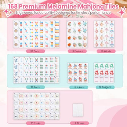 Pink American Mahjong Tile Set, 168 Premium Melamine | Gift-Ready Set with Storage Bag, Dice, Chips & Accessories for Family Game Nights, Parties, Travel and Vacations - color: Pink