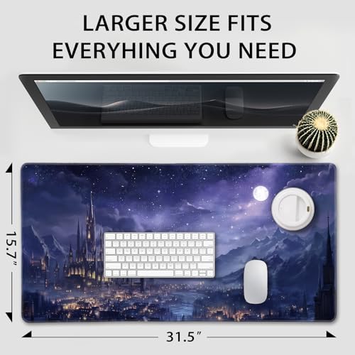 Fantasy Castle Night Large Gaming Mouse Pad Desk Mat 31.5"x15.7" | Extended Mousepad, Non-Slip Rubber Base , Stitched Edges, for Computer/Laptop/Office/Home - color: Fantasy Castle