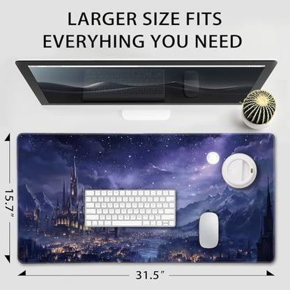 Fantasy Castle Night Large Gaming Mouse Pad Desk Mat 31.5"x15.7" | Extended Mousepad, Non-Slip Rubber Base , Stitched Edges, for Computer/Laptop/Office/Home - color: Fantasy Castle