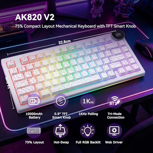 AK820 V2 75% Compact Mechanical Keyboard, 81 Keys, Tri-Mode (2.4G/Bluetooth/Wired), 10000mAh Battery, 0.9” TFT Smart Display Knob, Gasket Mount, Hot-Swappable, RGB Backlit, White Contour Keycaps - color: White Contour
