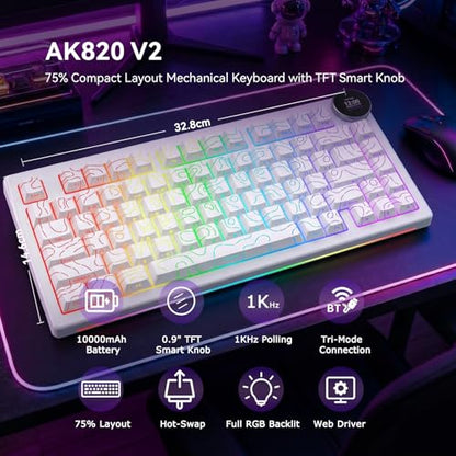 AK820 V2 75% Compact Mechanical Keyboard, 81 Keys, Tri-Mode (2.4G/Bluetooth/Wired), 10000mAh Battery, 0.9” TFT Smart Display Knob, Gasket Mount, Hot-Swappable, RGB Backlit, White Contour Keycaps - color: White Contour