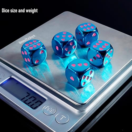 16mm Blue Metal Dice Set - 6 Sided Electroplated Iron Dices with Case, Elegant Metal Dice for Tabletop RPG, Strategy Games, Poker & Geek Gifts (5-Piece Set) - color: Blue