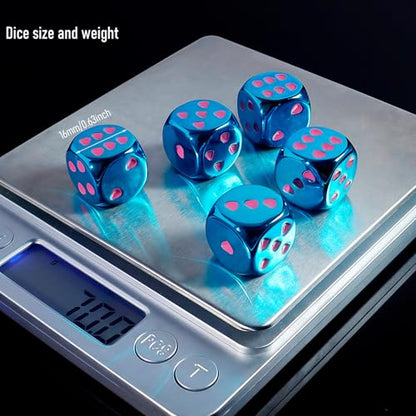16mm Blue Metal Dice Set - 6 Sided Electroplated Iron Dices with Case, Elegant Metal Dice for Tabletop RPG, Strategy Games, Poker & Geek Gifts (5-Piece Set) - color: Blue
