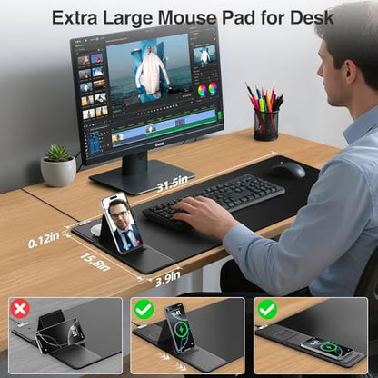 Wireless Charging Mouse Pad with Foldable Phone Holder, 31.5"x15.8", Black | Large Desk Mat for Laptop/Keyboard, Waterproof Ultra-Smooth Surface, Non-Slip Base - color: Black-Phone Holder-31.5"x15.8"