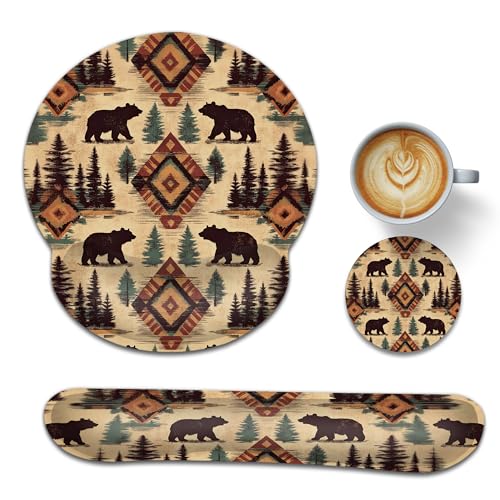 Wrist Rest Support for Mouse Pad Keyboard Set, Tribal Bear Retro Tree Mouse Pad with Non Slip Rubber Base for Home and Office Typing Support - color: Tribal Bear Retro Tree