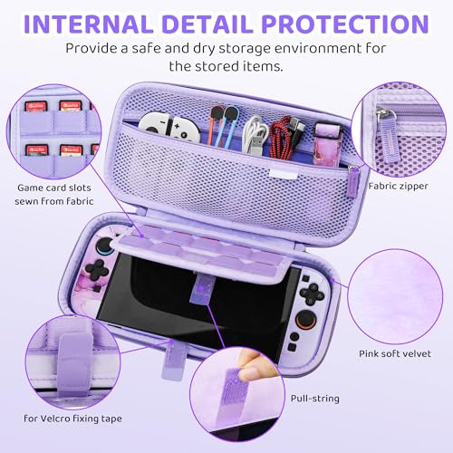 FUNDIARY Travel Carrying Case for Nintendo Switch 2 with Purple Marble Design, Cute Accessories with Portable Storage Bag, Dockable Protective Cover, Screen Protector, Shoulder Strap and 2 Thumb Caps