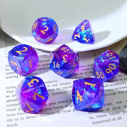 XENOLU DND Dice Set, Diamond Cut Sharp Edge Polyhedral Resin Dice with Holographic Foil, Two-Color Blue Purple Gradient Tabletop Roleplaying Game Dice - RD-Mixed4 - color: Rd-mixed 4