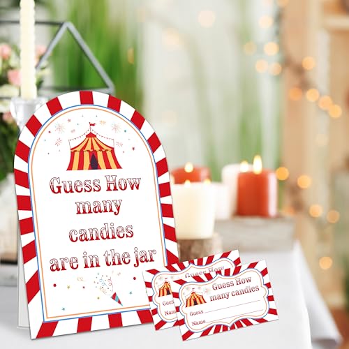 Carnival Guess How Many Candies Are In The Jar Game Set, 50 Guess Cards With 1 Standing Sign, Circus Theme Baby Shower Game Kit, Neutral Gender Reveal Party Decor & Activity Supplies - A10 - color: Circus