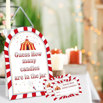 Carnival Guess How Many Candies Are In The Jar Game Set, 50 Guess Cards With 1 Standing Sign, Circus Theme Baby Shower Game Kit, Neutral Gender Reveal Party Decor & Activity Supplies - A10 - color: Circus