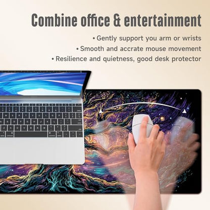 Extended Gaming Mouse Pad, Large Mouse Mat 3 mm Nature Rubber Base Mousepad with Stitched Edges, Non-Slip Desk Mat for Office Home Great Gift 31.5x11.8 Inch (Elven Forest 1) - color: Elven Forest 1