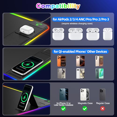 RGB Gaming Mouse Pad with Magnetic Wireless Charging & Foldable Phone Stand | 31.5"x15.8" XXL Large LED Mousepad with Stitched Edges, Ultra-Smooth Waterproof Surface, 25 Lighting Effects, Non-Slip Base - color: RGB-Magnetic Stand-31.5"x15.8"-Right
