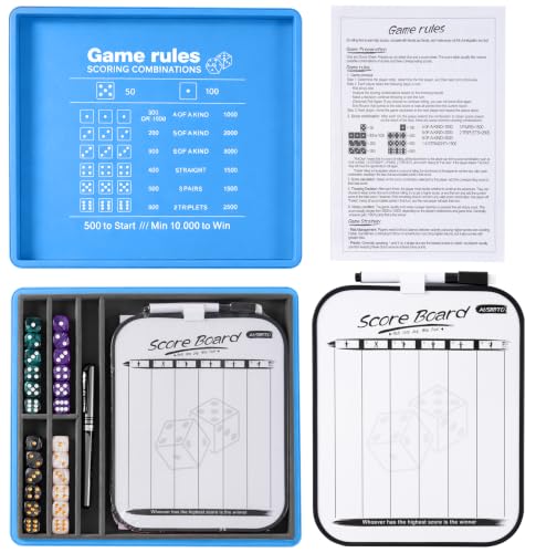 Dice Tray and Storage Case for Farkle Game - Includes Embedded Scoring Combinations, 4 Sets of 6 Pearl Dice, 50 Sheet Score Pad and Pen Holder for The Classic Family Game - Blue and Grey - color: Blue and Grey