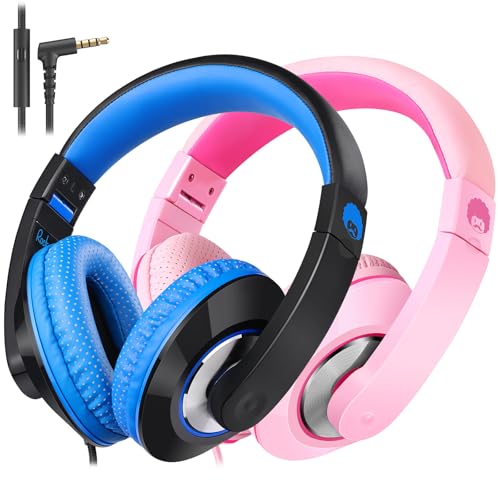 rockpapa Comfort+ Kids Headphones with Microphone, Boys Girls Student Over-Ear Headphones Wired Foldable for School Classroom Laptop PC Computer Tablet Black/Blue+Pink - color: Blue/Black/Pink