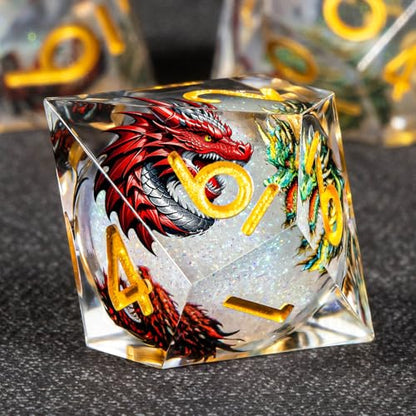 KERWELLSI Liquid Core Dragons Pattern Dice, Resin DND Dice Set with Gift Box, White and Gold Sharp Edged Dungeons D&D Dice, Role Playing Game Dice D20 D12 D10 D8 D6 D4 - color: White and Gold