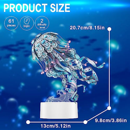 Piececool 3D Puzzles for Adults, Jellyfish Night Light with USB Plug, Ocean Animals 3D Metal Model Building Kits, Hobbies DIY Assembling Arts and Crafts - color: Blue