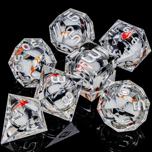 ARUOHHA DND Dice Set Liquid Core Koi Fish Sharp Edged Dragons Dice Compatible with D&D Role Playing Game, RPG Handmade Resin Dungeons Polyhedral D and D Dice Set D20 D12 D10 D8 D6 D4 - color: Hy-silver Grey