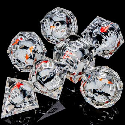 ARUOHHA DND Dice Set Liquid Core Koi Fish Sharp Edged Dragons Dice Compatible with D&D Role Playing Game, RPG Handmade Resin Dungeons Polyhedral D and D Dice Set D20 D12 D10 D8 D6 D4 - color: Hy-silver Grey