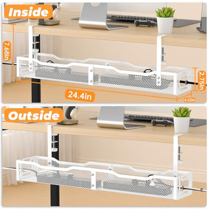 Under Desk Cable Management Tray, No Drill Steel Desk Cable Organizers, Wire Management Tray Cable Management Rack (24.4" Length-White) - color: 1 Pack-24.4"-White