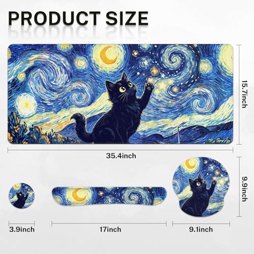 Britimes Cat Blue Moonlight Keyboard Mouse Pad Set Oil Painting Abstract 4in1 Large Mousepad+Keyboard Wrist Rest+Mouse Wrist Rest+Coaster Ergonomic Design for Home Office Computer 35.4x15.7 inches - color: Cat Blue Moonlight