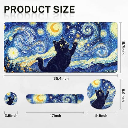 Britimes Cat Blue Moonlight Keyboard Mouse Pad Set Oil Painting Abstract 4in1 Large Mousepad+Keyboard Wrist Rest+Mouse Wrist Rest+Coaster Ergonomic Design for Home Office Computer 35.4x15.7 inches - color: Cat Blue Moonlight