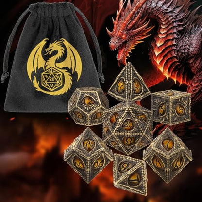 Metal Dice Set, Dragon Eye Theme, 7pcs Polyhedral Metal DND Dice Set, DND Starter Set, D&D Gifts with Gift Bag, Role Playing Board Games Accessories, Bronze Amber - color: Bronze Amber With Gift Bag