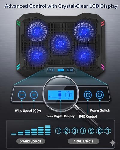 AFI Electronics Laptop Cooling Pad, 5 Quiet Fans Gaming Laptop Cooler for 11–17 Inch, RGB LED, LCD Display, 6 Fan Speeds, 8-Height Adjustable Stand, Dual USB Ports, Notebook Cooling Stand