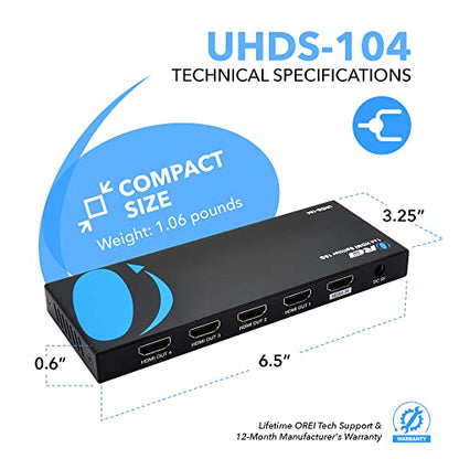 OREI UltraHD 4K HDMI @ 60 Hz 1x4 HDMI Splitter – HDMI Splitter 1 in 4 Out 4:8-Bit, HDMI 2.0, HDCP 2.0, 18Gbps, EDID Management, Mirror Displays – UHDS-104 | OREI UltraHD 1x4 HDMI Splitter – 4K@60Hz HDMI Splitter 1 in 4 Out With 8-Bit, HDMI 2.0, HDCP 2.0,
