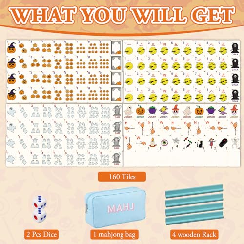 Soulchen Mini American Mahjong Tile Set Include 160 0.8 Inch Mahjong Tiles 2 Dice 4 Wooden Rulers 1 Accessory Bag 4 Beginner Rule Cards(Halloween) - style: Halloween