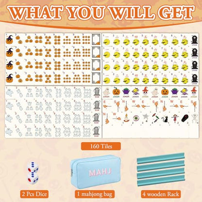 Soulchen Mini American Mahjong Tile Set Include 160 0.8 Inch Mahjong Tiles 2 Dice 4 Wooden Rulers 1 Accessory Bag 4 Beginner Rule Cards(Halloween) - style: Halloween