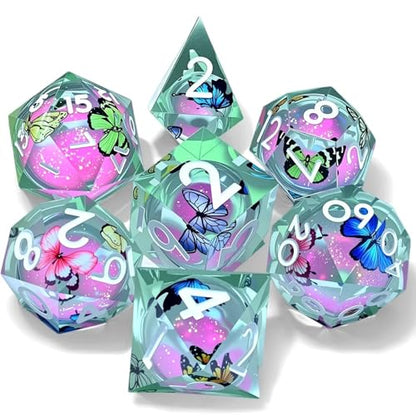 Resin Cat Head DND Dice, Sharp Edge Dungeons and Dragons Polyhedron Game Dice Set for Role Playing Games RPG Explorer Magic, Holiday Birthday Gifts Party Gifts - color: Butterfly+pink