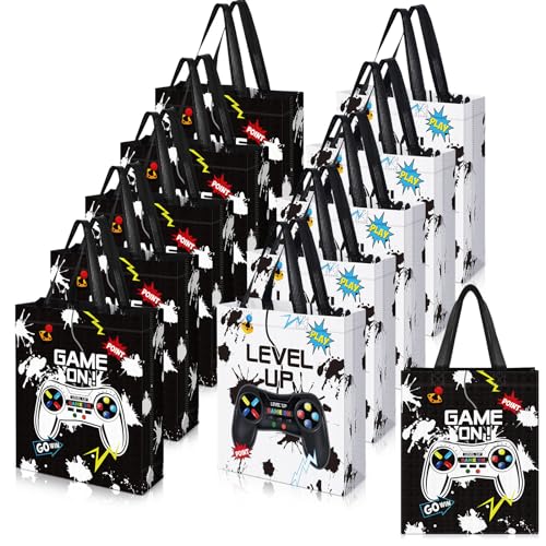 Sweetude 30 Pcs Video Game Gift Bag with Handle Game Party Supplies Reusable Gaming Neon Goody Bag, 2 Styles - style: Black, White
