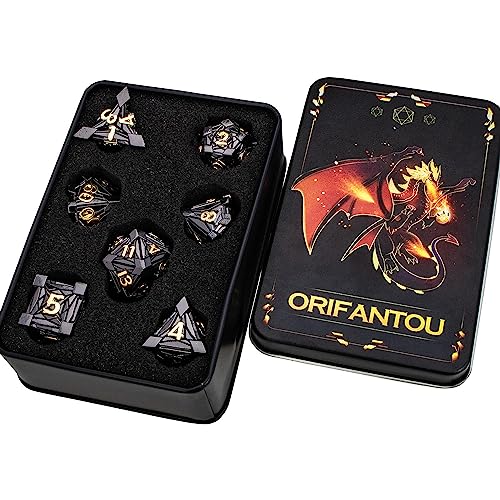 7PCS Metal DND Dice Set with Box, Debris RPG Black Gold D and D Dice for use with D&D Tabletop Games Role Playing Game Polyhedral Dice Set D20 D12 D10 D8 D6 D4 - color: Black Gold