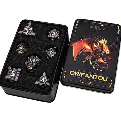 7PCS Metal DND Dice Set with Box, Debris RPG Black Gold D and D Dice for use with D&D Tabletop Games Role Playing Game Polyhedral Dice Set D20 D12 D10 D8 D6 D4 - color: Black Gold