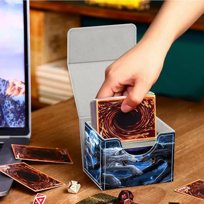 PU Leather Deck Box for MTG Commander Cards, Fits 100+ Double Sleeved Cards, Secure Magnetic Trading Card Storage Case for TCG CCG,Black White Howling Wolves - color: Black White Howling Wolves