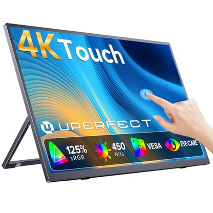 UPERFECT 4K Portable Monitor Touchscreen, 15.6” 125% sRGB Laptop Monitor, 3840 * 2160 UHD, 450 Nits Ultra-Slim Monitor, USB-C & MINI HDM, VESA & Stand, Travel Screen for Computer, PC, Game Consoles - size: 15.6"