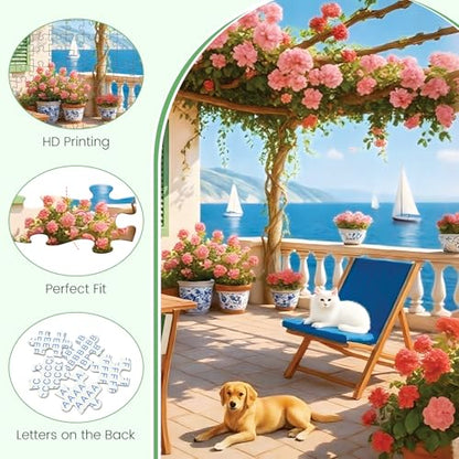 500 Piece Puzzles for Adults, Cozy Seaside Terrace Scene Jigsaw Puzzles with Dog and Cat, Relaxing 500 Piece Puzzle, Perfect for Family Time, Wall Decor, Gift for Adults, Seniors, 20.5 x 15 in - style: TERRACE