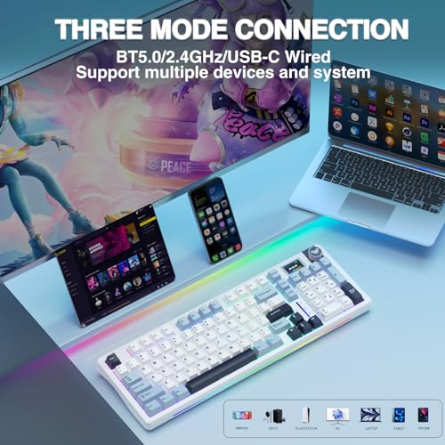 AULA S98 Pro Wireless Mechanical Keyboard,Smart Screen & Knob,Tri-Mode BT5.0/USB-C/2.4GHz Creamy Keyboard,Pre-lubed Linear Switches,Hot Swappable RGB Backlit Computer Gaming Keyboards - color: White&Blue