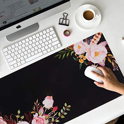 iCasso Extended Gaming Mouse Pad,35.4 x 15.7in Desk Pad,Flower | Non-Slip Rubber Base Mousepad with Stitched Edges,Waterproof Keyboard Mouse Mat Desk Pad for Work Home - color: Flower